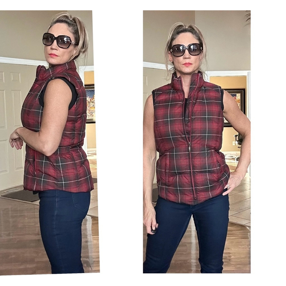 EDDIE BAUER Red Plaid Check Tartan quilted goose Down Puffer Vest Jacket EUC - Picture 3 of 13